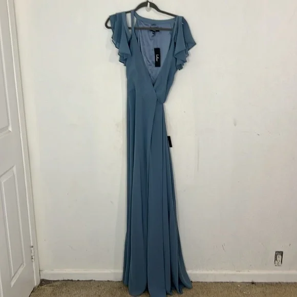 NWT Lulus Easy Listening Slate Blue Cold-Shoulder Wrap Maxi Dress - Picture 10 of 12
